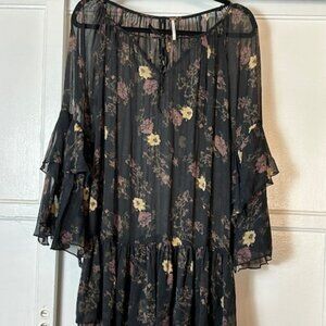 Free People Sheer Black Floral Sunsetter Mini Dress Med Tiered Gypsy Boho